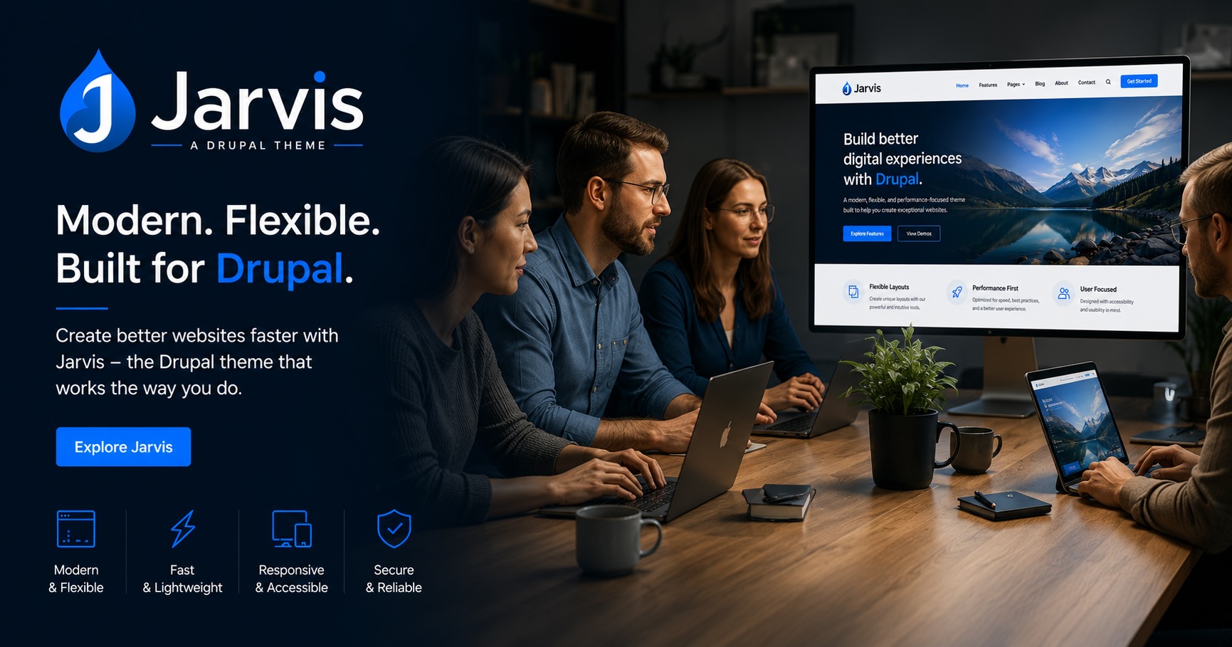 Jarvis website hero banner showing “Modern, Flexible, Built for Drupal” with team at table