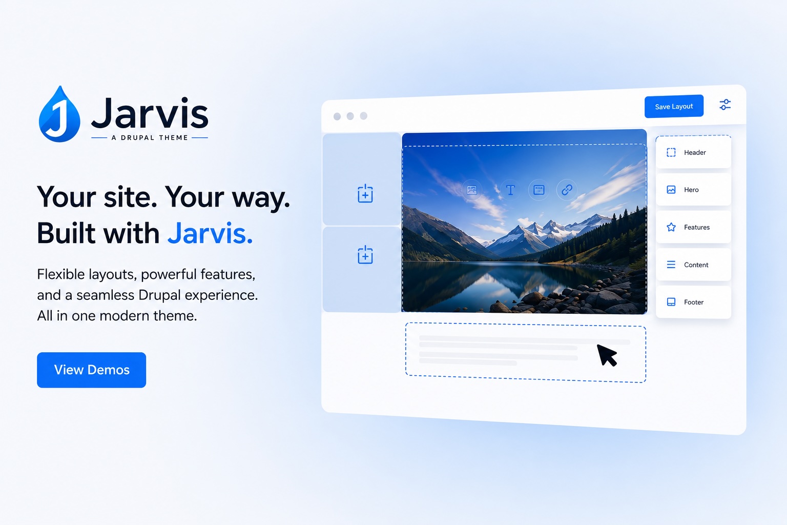 Jarvis website builder landing page with UI mockup and blue “Live Demo” button