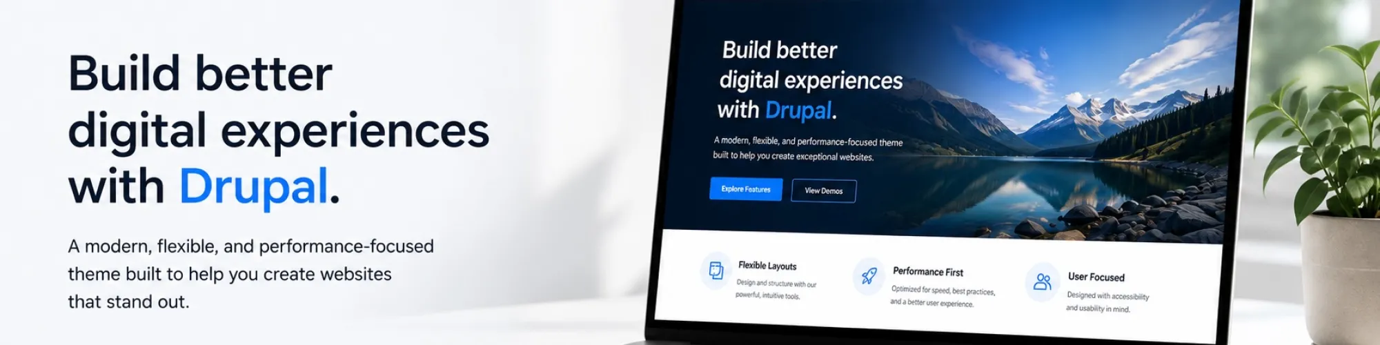 Jarvis logo and headline “Build better digital experiences with Drupal” beside laptop on desk