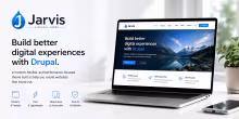 Jarvis logo and headline “Build better digital experiences with Drupal” beside laptop on desk